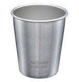 This stainless steel has the logo, "Klean Kanteen" in black lettering at the bottom front and "Steel Cup" below that separated by a line also in black lettering.