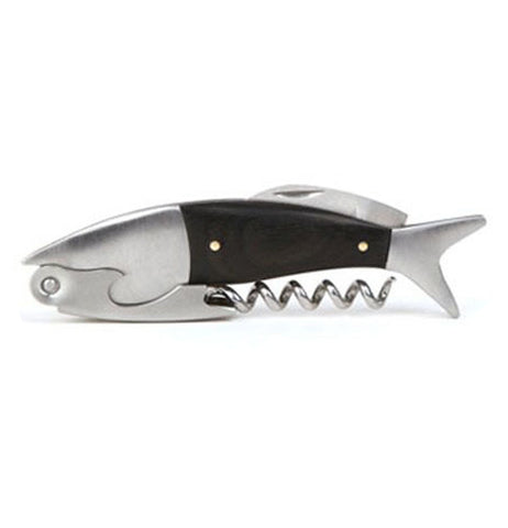 The fish-shaped corkscrew is shown with all its tools folded.