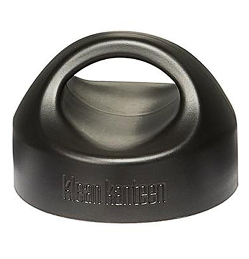 This circular steel black lid has its handle attached and hooked over its top. Below its hooked handle on its round outer wall is its stenciled logo, "Klean Kanteen".