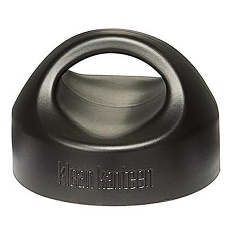 This circular steel black lid has its handle attached and hooked over its top. Below its hooked handle on its round outer wall is its stenciled logo, "Klean Kanteen".