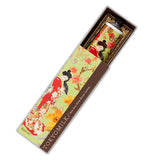 Handcreme decorated with a Kabuki dancer in red and white costume holding a black hand fan inside its box.