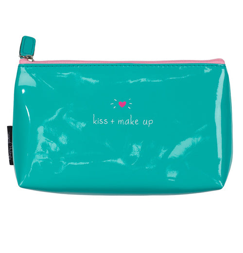 Make up &amp; kiss hand bag that is green on the outside.