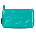 Make up & kiss hand bag that is green on the outside.