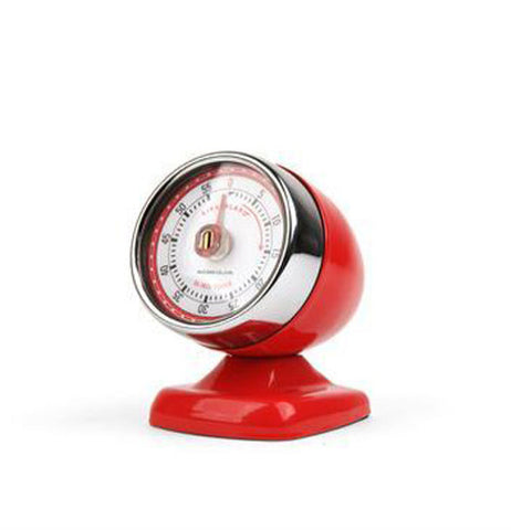 This red timer has an old vintage-style design to it, with the clock being shaped like an airplane nose.