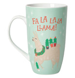The other side of the mug is shown with the llama wearing a wreath around its neck and holding small Christmas trees on its back. The words, "Fa La La La Llama" are shown in red lettering.