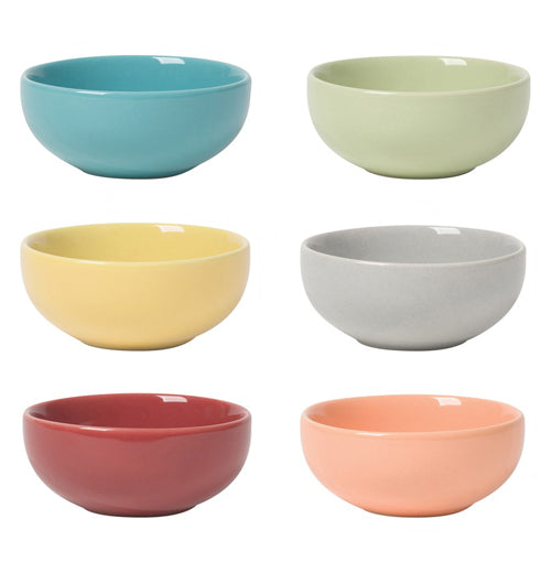 6 pinch bowls that are different colors that are made from durable stoneware.