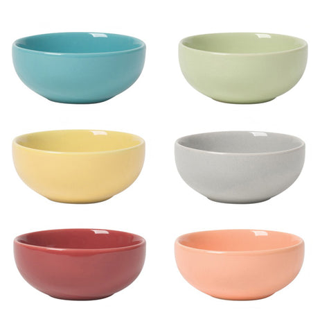 6 pinch bowls that are different colors that are made from durable stoneware.