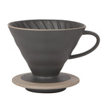 A black filter for the top designed to be put on the coffee pot. The circular base has a gray stripe on the border.