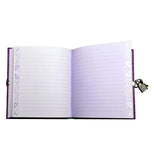 The diary's purple pages are shown with the book open.