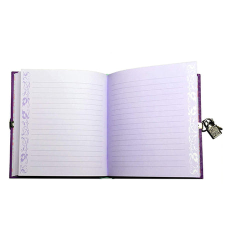 The diary's purple pages are shown with the book open.