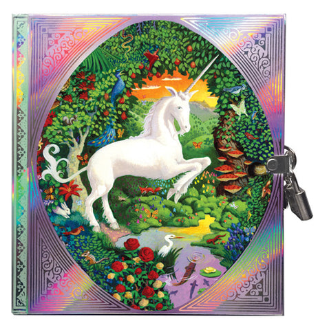This small diary has a rainbow design on its front cover with a picture of a white unicorn in the middle of a lush forest. A white egret, red roses, and red mushrooms on a tree are all shown next to a creek. The diary is shown locked with a small silver metal lock.