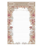 The Little "All For Love" Legal Pad features a pink floral and golden leaf design with ruled lines. 
