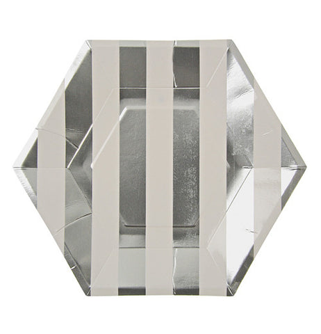 A silver and white stripped plate that is a hexagon shapped plate.