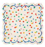 Polka dot napkins with an array of different colored dots with a thin blue line for a boarder.