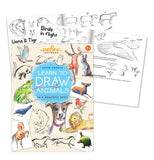 The front cover of the book shows animals of different kinds and "Learn to Draw Animals" with a couple of it's pages telling how to draw the animals.