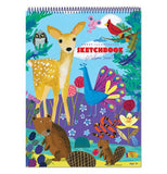 This is a cover of a sketchbook that shows a deer, beaver, peacock, and birds the background.
