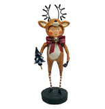 This figurine is of a rosy cheeked child dressed as a brown reindeer with antlers and a red bow around his neck. He holds a small snowy pine tree in his right hand.