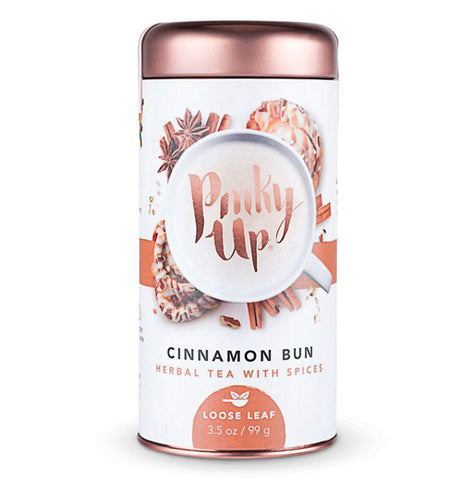 Pinky up Cinnamon Bun Loose Leaf Tea canister with a copper lid.