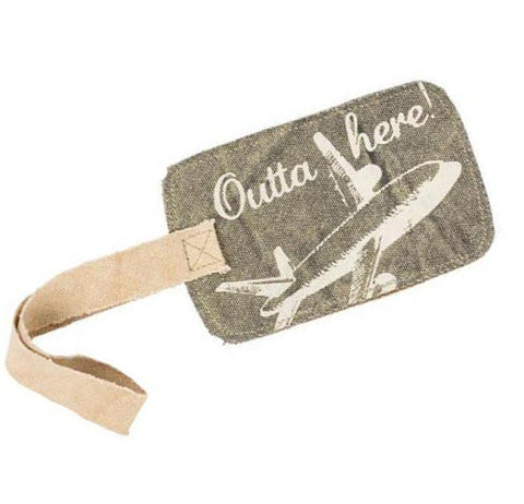 a grey luggage tag with an airplane along with the phrase "Outta Here!" 