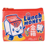 Red, yellow, blue, and white zippered coin purse that says Lunch Money with fun figures shaped like food.