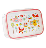 Lunch box with wildlife scenery: birds, flowers and butterflies.