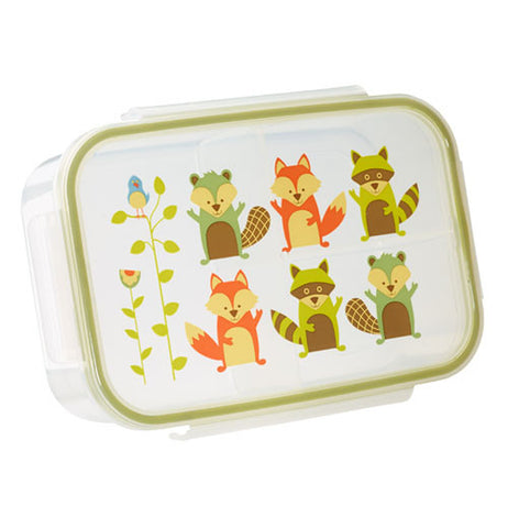 Lunch box container has raccoons on its lid.