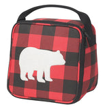 Lunch bag that is standing upright with a white bear silhouette centered over a red and black plaid background. Bag has a black zipper and black handle.