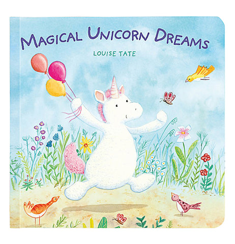 Front view of Magical Unicorn Dreams with a white unicorn running with colored balloons chasing butterflies.