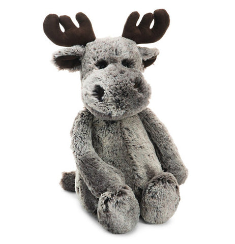 The medium-sized "Marty Moose" is a gray-colored stuffed animal with brown antlers on top of the head. 
