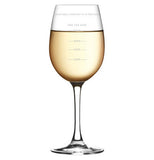 A wine glass with measurements on it in "Sips" that's filled with wine.