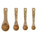 The four measuring spoons are shown individually side by side. The first has the picture of the peacock, the second has the picture of the owl, the third has the picture of the hedgehog, and the fourth has the image of the squirrel.