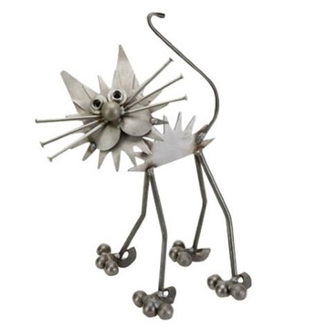 This metal sculpture is of a fluffy cat with six whiskers, two long ears, and an S-shaped curving tail.