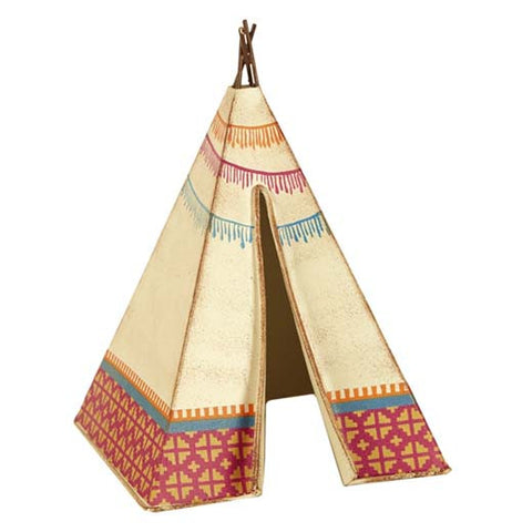 The (Mini) Tee Pee is tan and painted with southwestern motifs. 