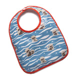 This image shows bibs with designs, with red outline around the bibs. has a design of blue water that fills  the bottom half of the bib and the top half shows two  otters with their bodies inside the water,  but with their heads sticking out of the water.