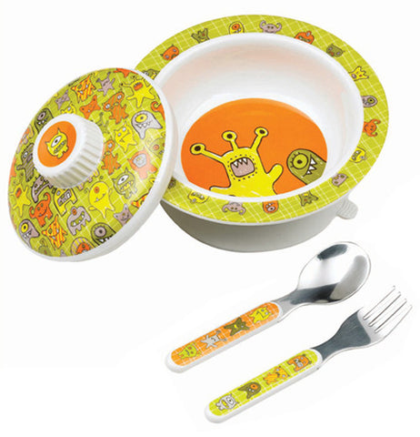 This bowl has orange, yellow and green monsters on it, and it includes a matching lid, spoon and fork.