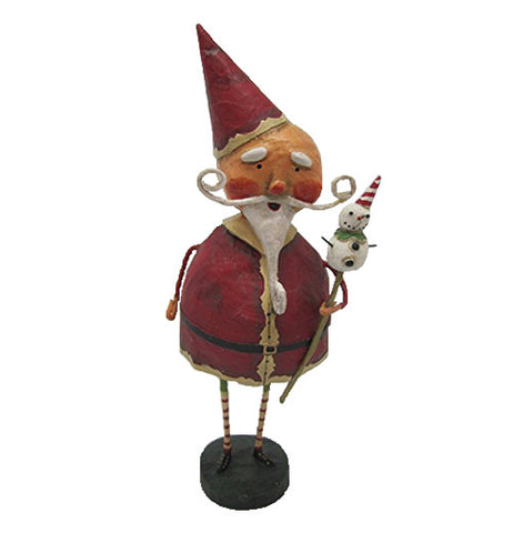 The HIDDEN Mr.Kringle Christmas Figurine holds a stick with a snowman while standing a black stand.