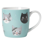 Light blue cup with grey, white and black cats on it and there's white on the inside of the mug and on the handle.