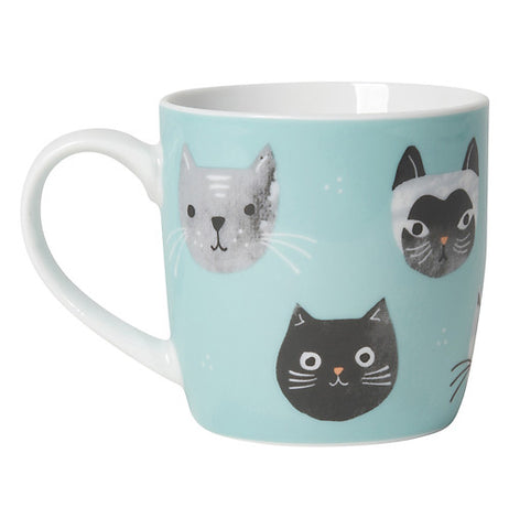Light blue cup with grey, white and black cats on it.