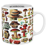 This white mug features an image of different types of mushrooms. Below the rim, inside the cup, is the word, "Mushrooms" in black lettering.