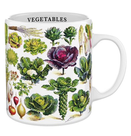 This white mug features an image of different types of vegetables. Below the rim, inside the cup, is the word, "Vegetables" in black lettering.