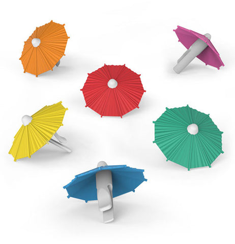 These small drink umbrellas come in six different colors. The first is blue, the second is teal, the third is violet, the fourth is red, the fifth is yellow, and the sixth is orange.