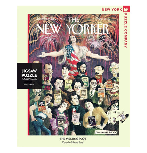 Front view of "The Melting Plot" puzzle with Lady Liberty wearing American flag dress with outstretched arms behind some of America&