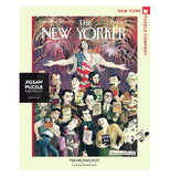Front view of "The Melting Plot" puzzle with Lady Liberty wearing American flag dress with outstretched arms behind some of America's most famous authors.