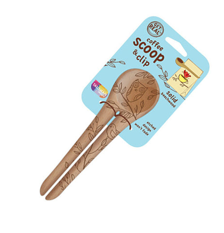 Wooden coffee scoop & clip with birds all over it.