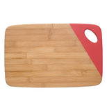  Wooden rectangular cutting board with a red dipped edge on the upper right side where a hole thats used as a handle is.