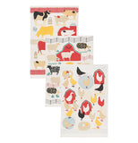 Three dishtowels with simple representations of farm animals, barns, and fences.
