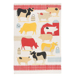 Dish Towel with images of a red barn with grain silo, fences, cows, and pigs