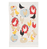 Dish towel with images of 3 red barns, large eggs, and chickens.