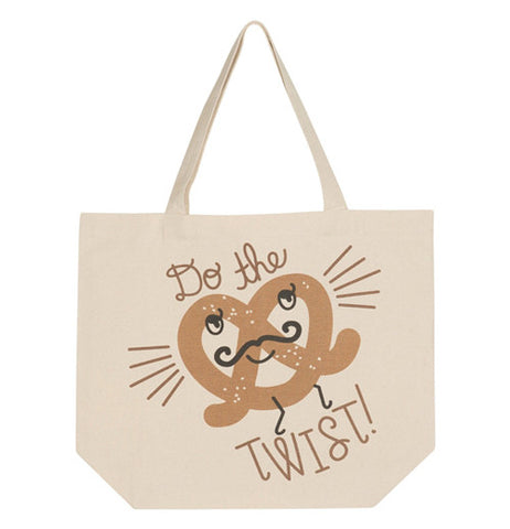 This tote bag is tan with a large pretzel and says "Do The Twist"