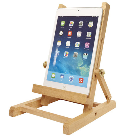 A Brown Wooden Easel with a tablet on it.